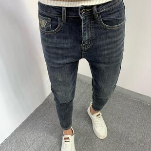 男士九分牛仔裤秋冬新款潮牌高端蓝灰色修身弹力潮流休闲小脚长裤