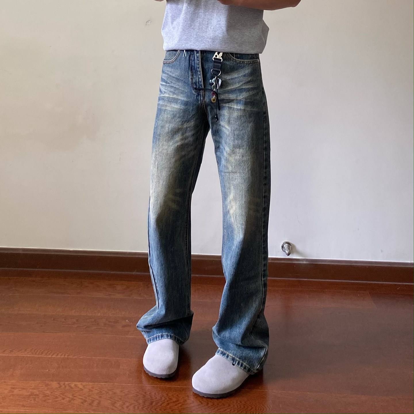 美式复古微喇牛仔裤男直筒长裤子