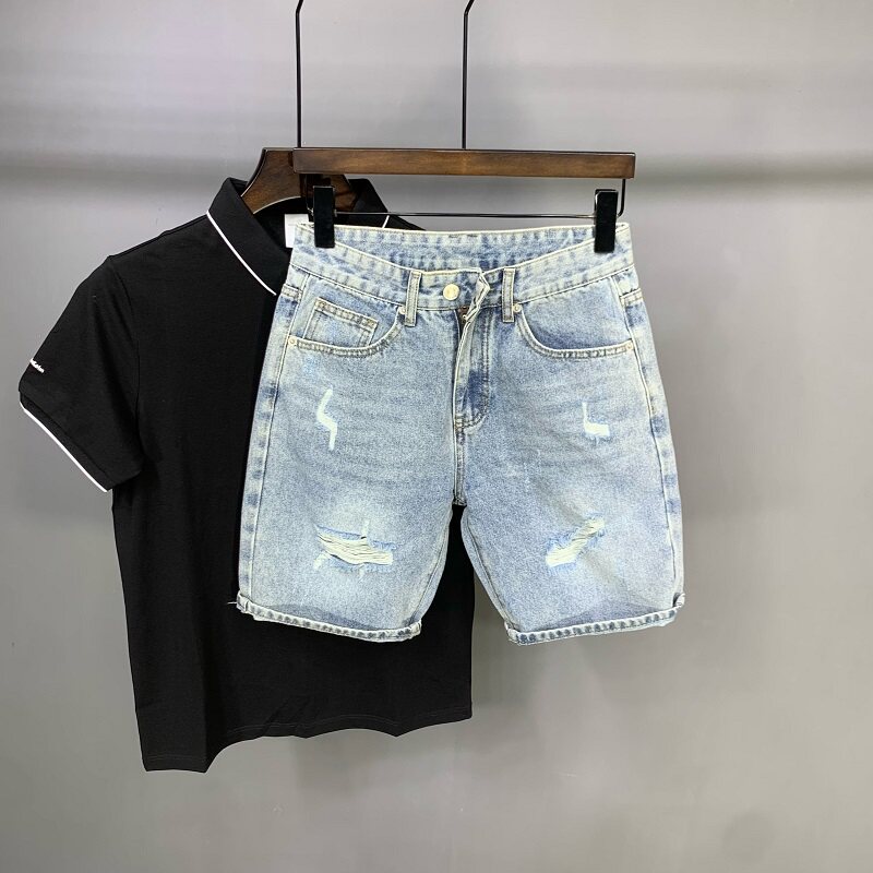 夏季男士破洞牛仔短裤潮流水洗浅色修身小脚韩版弹力休闲五分中裤