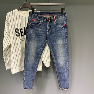 蓝色弹力九分裤 2023秋冬牛仔裤 小脚裤 复古做旧修身 男潮牌休闲韩版