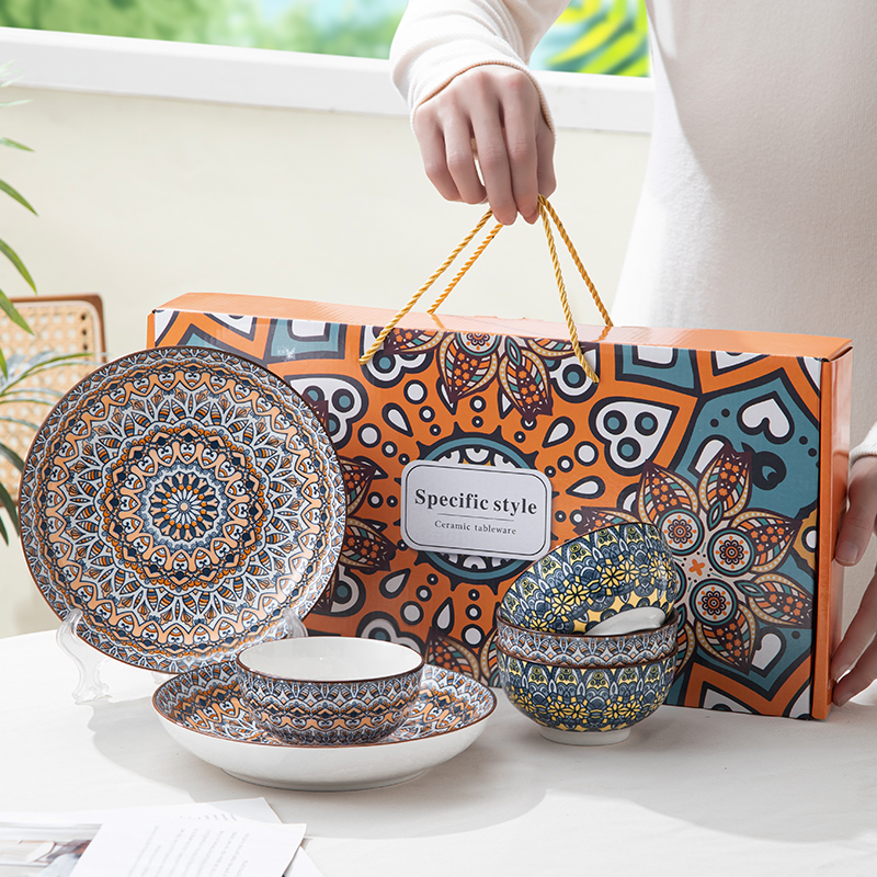 波西米亚陶瓷餐具套装碗盘开业随手礼盒装定制logo公司活动伴手礼