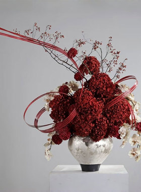 红色竹编花艺新中式高档花器酒店会所样板间茶几圆桌软装摆件装饰