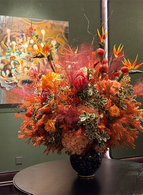 新中式春节过年红色系喜庆台面花艺大堂圆桌中岛前台玄关装饰摆件