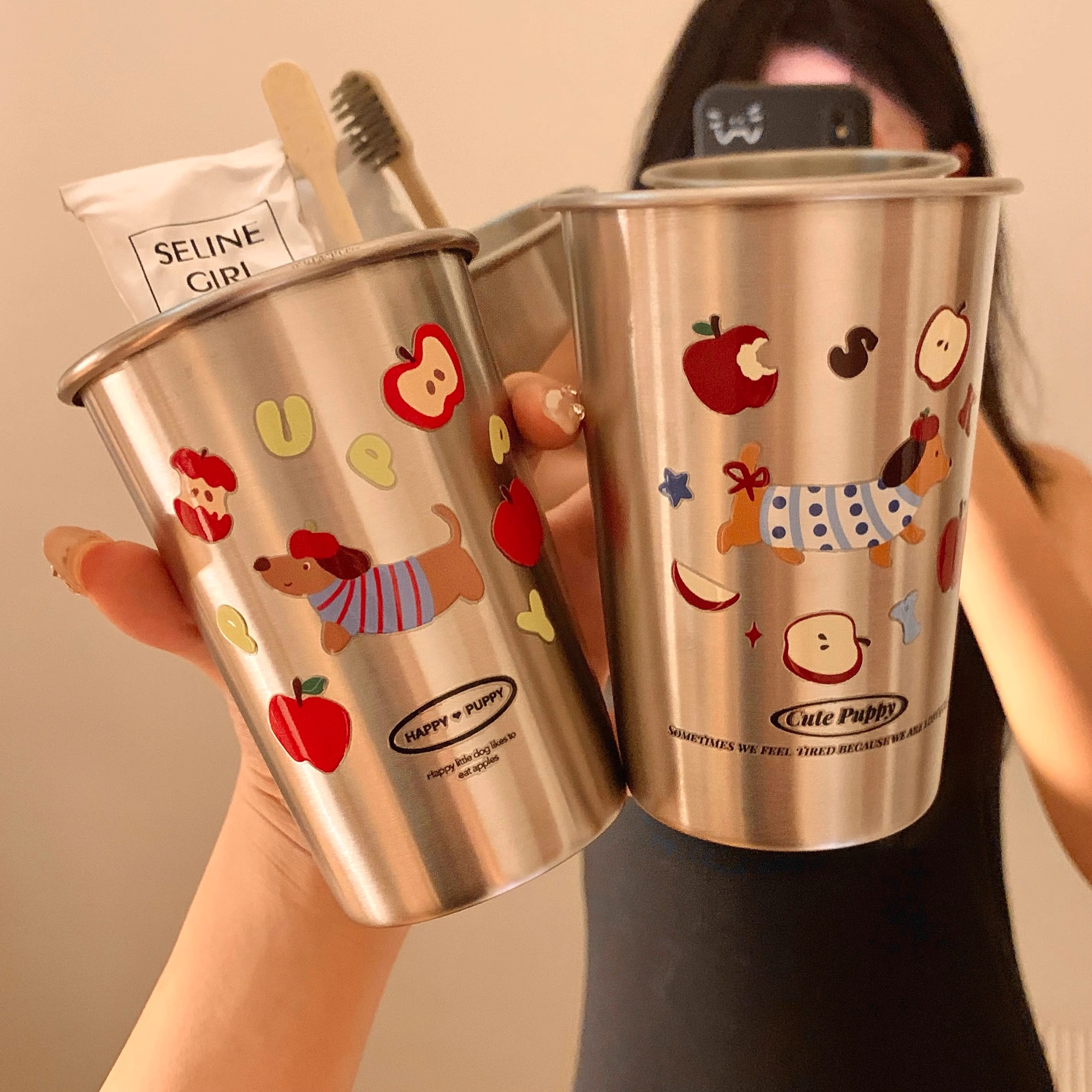 ins可爱漱口杯子卡通腊肠狗不锈钢简约家用情侣高颜值洗漱牙刷杯