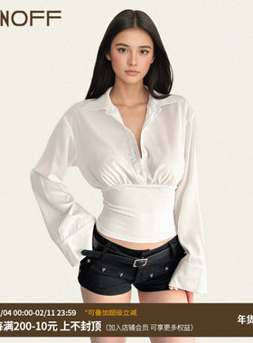 FUNOFF 美式复古白色POLO领收腰长袖衬衫简约海妖风勤翻领T恤上衣