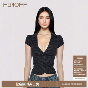 FUNOFF 海妖风黑色条纹低胸V领短袖衬衫性感翻领收腰纽扣西装上衣