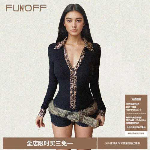 复古黑色豹纹拉链POLO领长袖衬衫