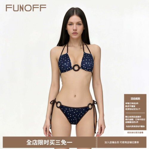 复古深蓝色波点挂脖绑带比基尼女