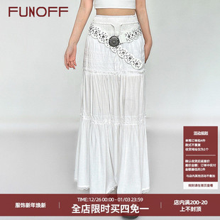 百搭半身裙子女秋季 FUNOFF 波西米亚风白色蕾丝拼接绑带长裙法式