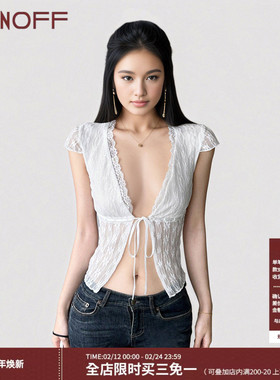 FUNOFF 法式性感白色透视蕾丝系带短袖开衫2025夏复古修身T恤上衣