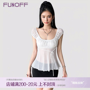 法式 FUNOFF bm风白色方领网纱蝴蝶结花边T恤简约少女感上衣