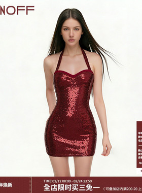 FUNOFF 复古红色挂脖亮片修身收腰包臀裙性感宴会露背短裙连衣裙