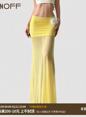 FUNOFF 东南亚风黄色立体花卉网纱鱼尾半身裙海滩度假风拖地长裙