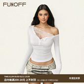 FUNOFFF 收腰上衣 T恤性感低胸露肩修身 美式 复古白色蕾丝斜肩长袖
