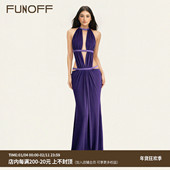 FUNOFF 性感异域紫色镂空露背挂脖连衣裙海岛度假褶皱修身 长裙女