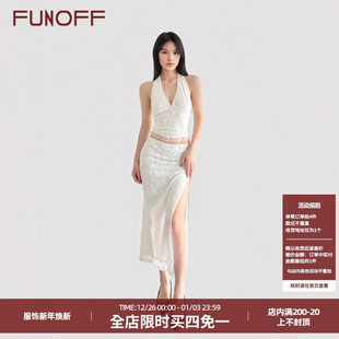 复古白色V领挂脖吊带露背上衣性感开叉蕾丝半身裙套装 FUNOFF 法式