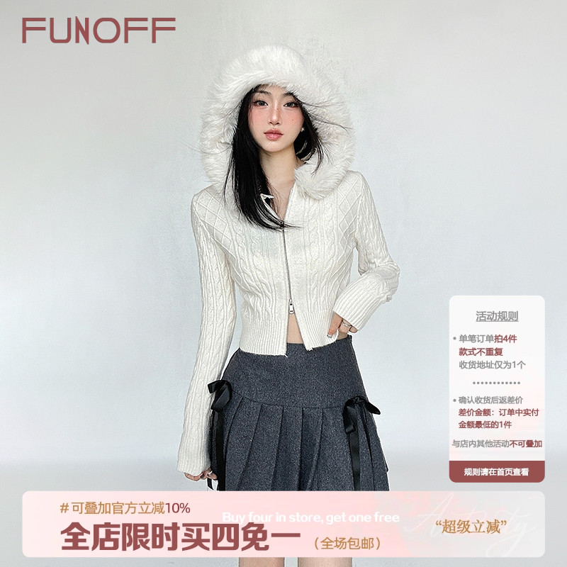 温柔白色麻花毛领连帽毛衣外套女