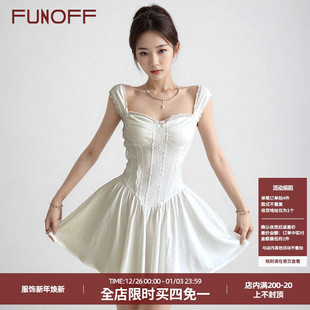 FUNOFF 初恋白色蕾丝收腰吊带连衣裙少女感花边显瘦A字短裙女 法式