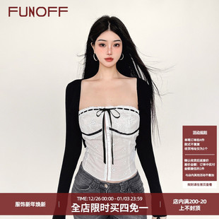 上衣两件套装 罩衫 bm白色提花绑带抹胸背心黑色百搭长袖 FUNOFF法式