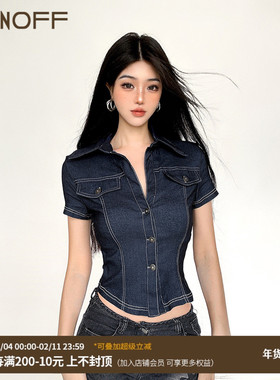 FUNOFF 美式复古蓝色仿牛仔V领短袖衬衫性感低胸收腰polo领短上衣