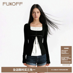 T恤简约百搭修身 甜美撞色拼接假两件方领长袖 A摆上衣 法式 FUNOFF