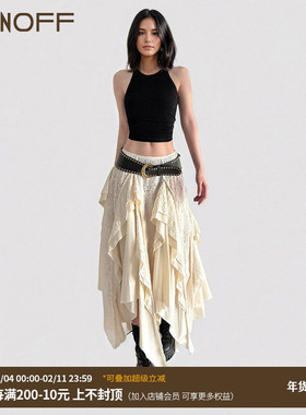 FUNOFF 复古流浪风米白色蕾丝不规则半身裙小众vintage拼接中长裙