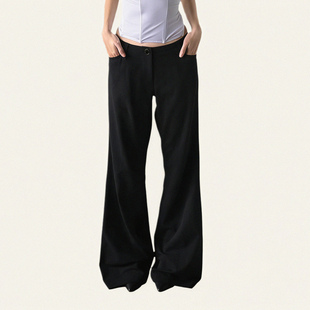 通勤海妖风气质休闲长裤 裤 极简主义基础黑色低腰微喇西装 FUNOFF