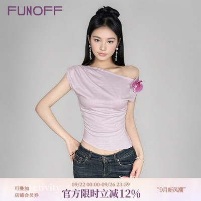东南亚度假风立体花卉斜肩短袖T