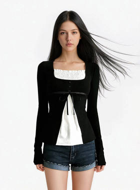 FUNOFF 法式甜美撞色拼接假两件方领长袖T恤简约百搭修身A摆上衣