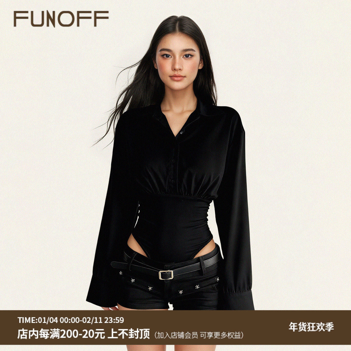 FUNOFF美式黑色排扣POLO领长袖衬衫连体衣海妖风通勤白色收腰上衣,女装/女士精品,连体衣/裤,淘宝优惠券,粉丝福利购,淘宝优惠卷