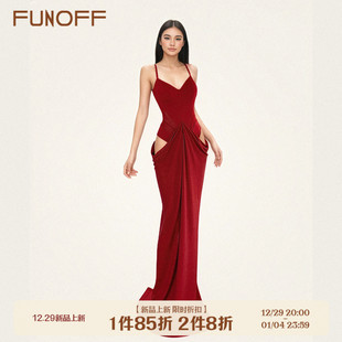 FUNOFF简约红色低胸束腰吊带鱼尾长裙性感透视修身 收腰开叉连衣裙