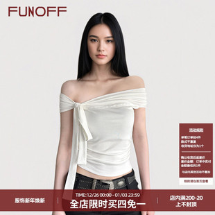 FUNOFF 简约白色一字肩绑带不规则T恤2025夏百搭黑色纯色收腰上衣