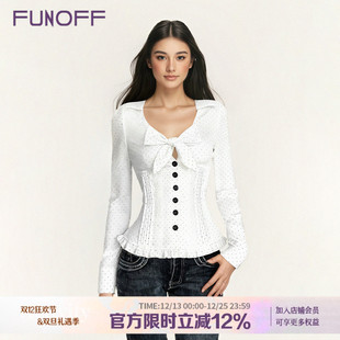 性感低胸收腰花边上衣 衬衫 FUNOFF法式 复古白色波点蝴蝶结镂空长袖