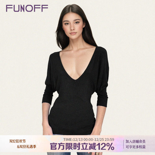 FUNOFF美式复古黑色V领蝙蝠长袖针织中袖2025秋低胸性感收腰上衣