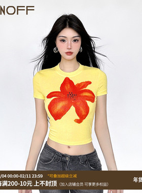FUNOFF 美式街头黄色花卉印花短袖T恤夏度假风撞色露脐收腰上衣女