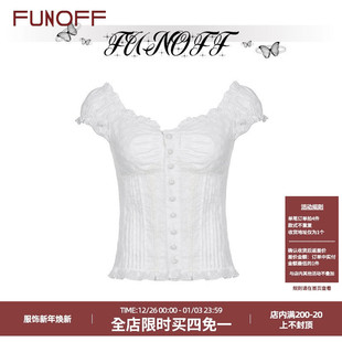 显瘦低领泡泡袖 宫廷修身 上衣 复古蕾丝提花褶皱排扣短袖 FUNOFF法式