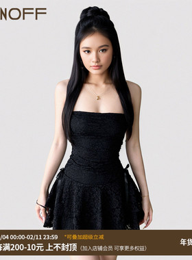 FUNOFF 简约复古黑色蕾丝抹胸蝴蝶结连衣裙性感收腰A字蛋糕短裙夏