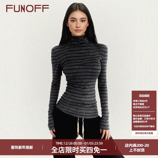 打底衫 复古黑灰撞色条纹高领长袖 简约收腰内搭T恤上衣 美式 FUNOFF