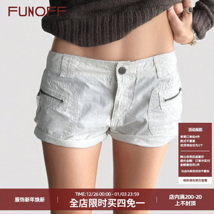 2025夏简约休闲复古梭织热裤 短裤 街头拉链口袋白色工装 FUNOFF美式