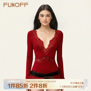 T恤性感透视修身 复古红色蕾丝V领低胸长袖 收腰上衣女 美式 FUNOFF