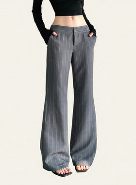 FUNOFF美式复古灰色条纹低腰直筒西装裤海妖风办公室通勤休闲长裤