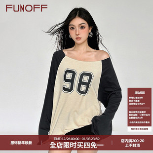 T恤春秋百搭宽松插肩袖 复古数字印花撞色斜肩长袖 上衣 美式 FUNOFF
