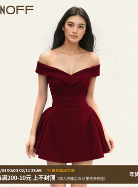 FUNOFF 法式红色翻边一字肩蝴蝶结连衣裙新年千金修身收腰短裙女