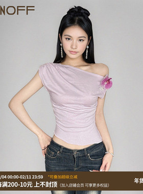 FUNOFF 东南亚度假风立体花卉斜肩短袖T恤简约纯色露锁骨收腰上衣