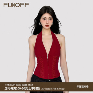 FUNOFF 美式复古红色低胸V领挂脖吊带背心夏性感街舞露背收腰上衣