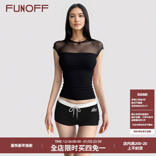 T恤夏性感辣妹收腰针织上衣 复古黑色网纱透视低胸短袖 FUNOFF 美式