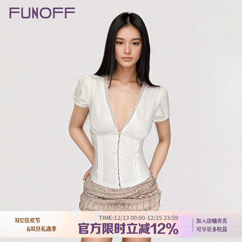 法式bm风白色V领低胸泡泡袖衬衫