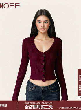 FUNOFF 美式复古荷叶领红色纽扣低胸毛织长袖简约收腰短开衫上衣