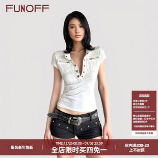 2025夏简约POLO领收腰T恤上衣 衬衫 FUNOFF美式 复古V领低胸白色短袖