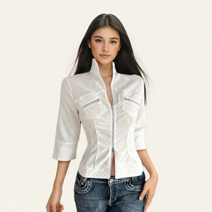 女简约纯色立领收腰中袖 双头拉链衬衫 上衣 复古机车工装 FUNOFF美式